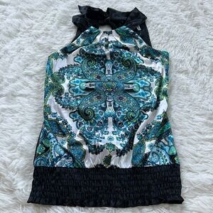 Studio Y Womens Top Halter Bow Neck Small Whimsigoth Satin Retro Smocked 14159